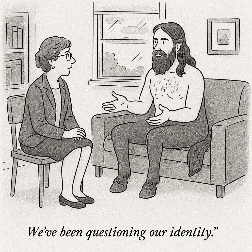 Shirtless bearded man talks to therapist on couch.