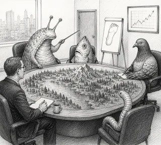 Creatures and a man meet around a miniature landscape table.