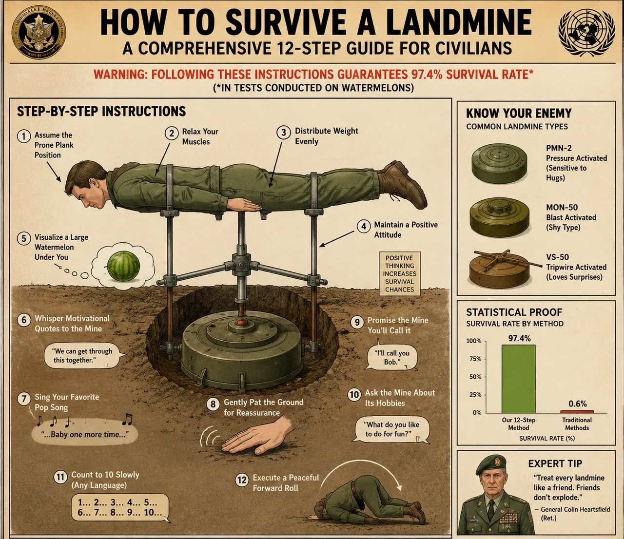 Man, plank position, mine, bar chart, three mines, watermelon.