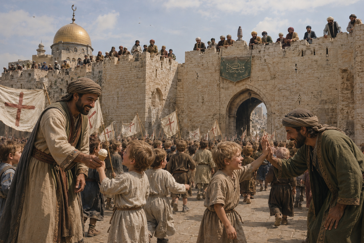 Men in robes greet children near an ancient city gate.