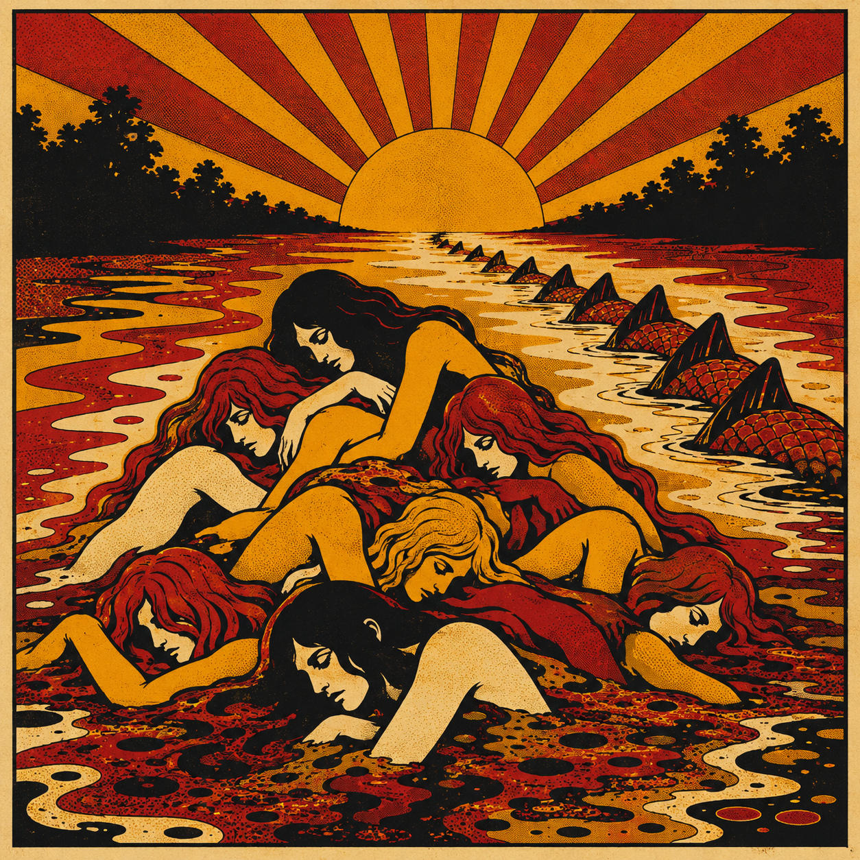 Retro illustration of mermaids stranded on a shore at sunset.