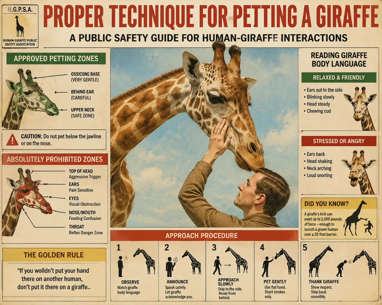Poster, giraffe head, hand, diagrams, five numbered panels, logo.