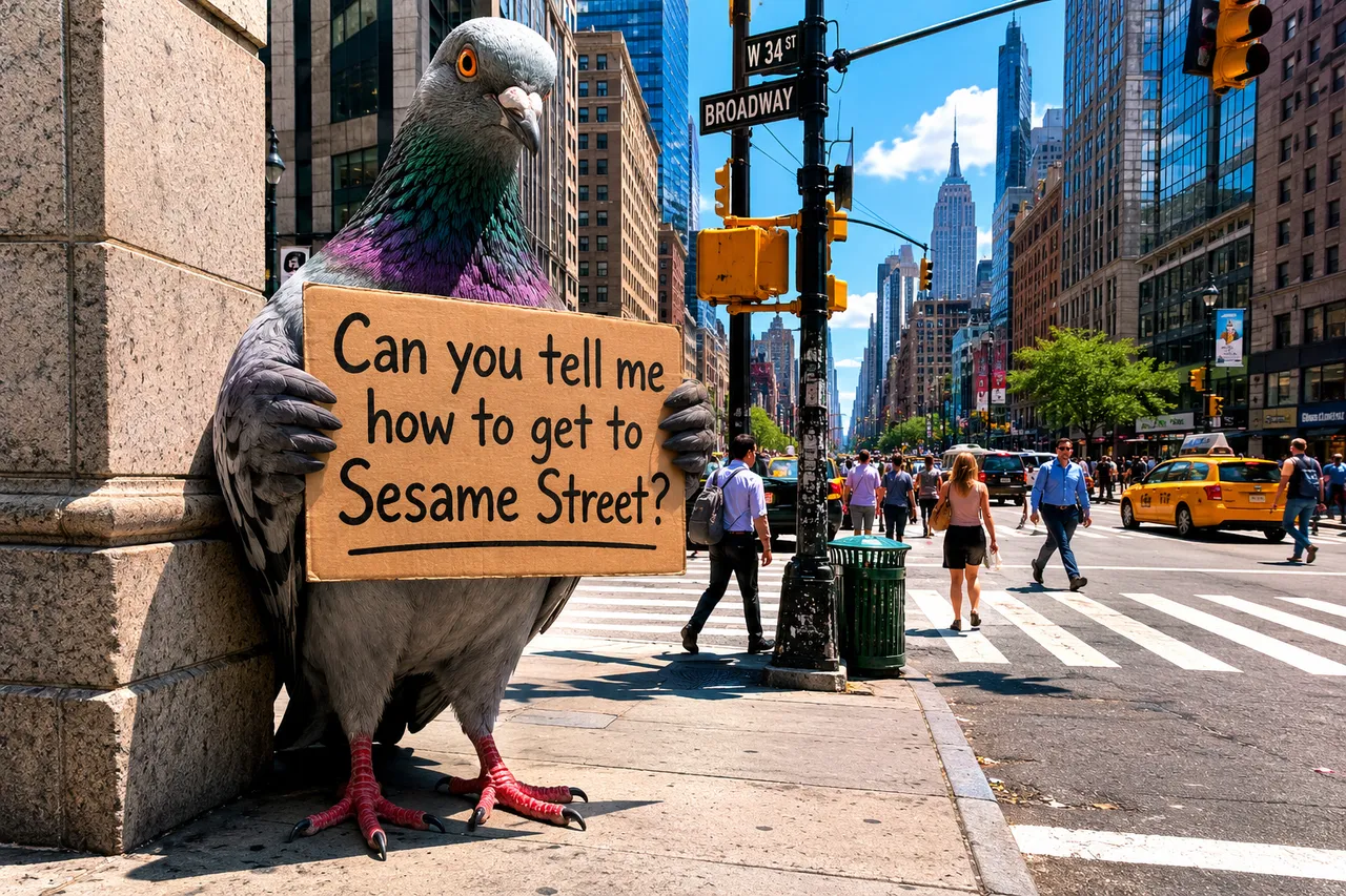 Giant pigeon holds cardboard sign on Broadway sidewalk.