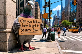 Giant pigeon holds cardboard sign on Broadway sidewalk.
