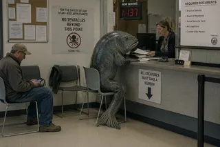 Counter, clerk, papers, chairs, cap, phone, fins, sign, number.