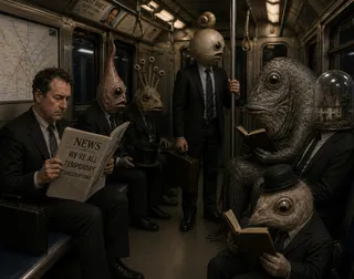 Alien creatures in suits ride a subway with a man.