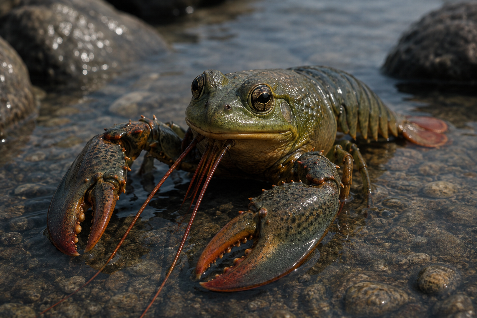 A digital chimera blending a frog's head with lobster claws.