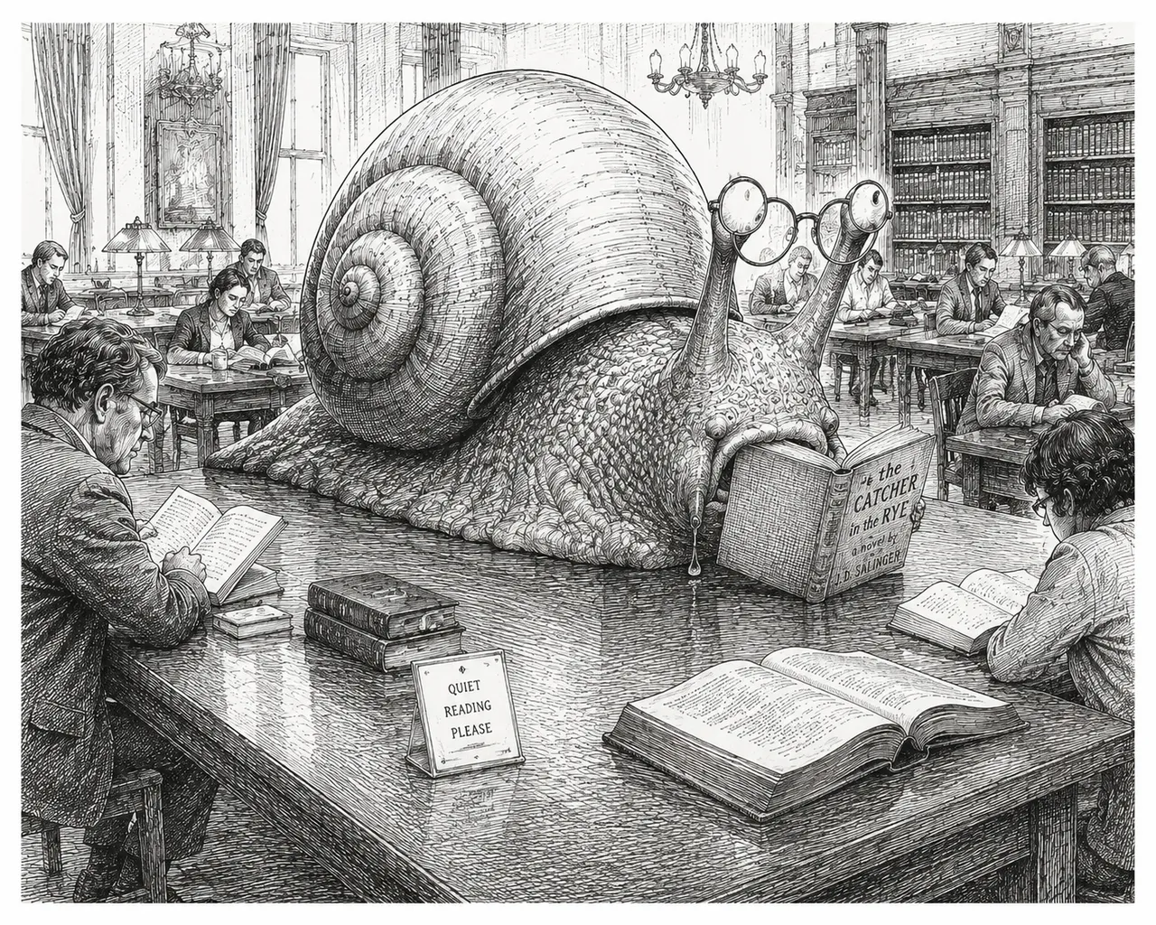 Nobody questions the enormous gastropod's library card.