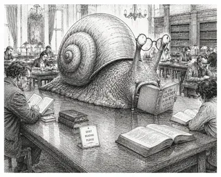 Giant snail reads in a quiet library with humans.