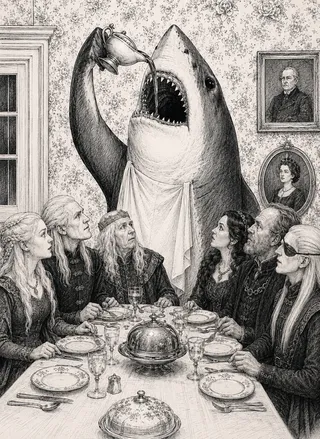 Six diners, plates, glasses, portraits, wallpaper, teapot, apron, teeth.