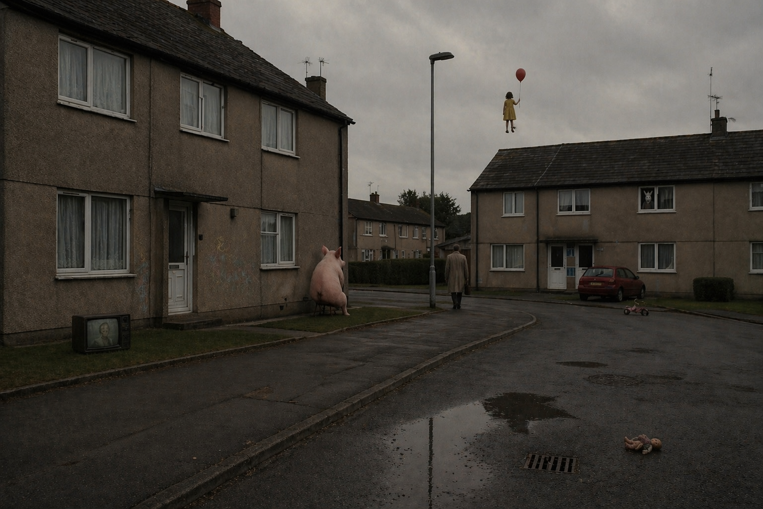 Girl floats with balloon above grey housing estate street.