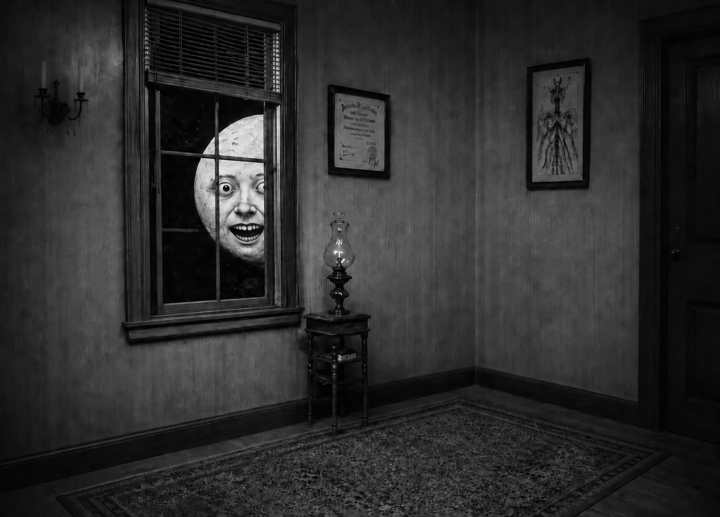 Night itself knocks, grinning at the glass.