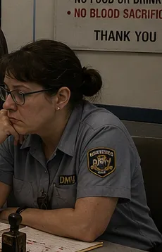 skull-basin-robes-number-tickets-blood-flag-dmv-clerk