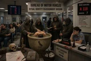 Skull, basin, robes, number tickets, blood, flag, DMV clerk.