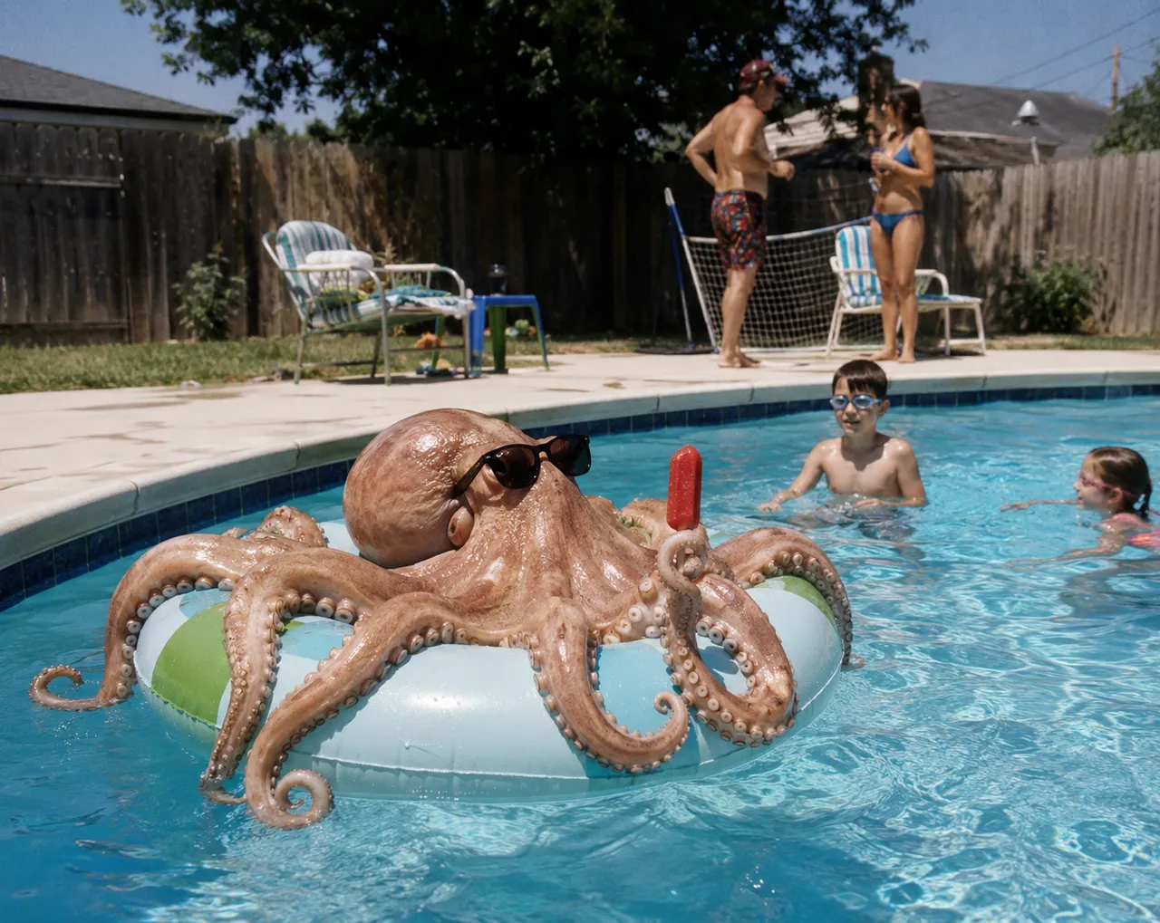 Pool, float, sunglasses, popsicle, tentacles, two children, fence, net, two adults, chairs.