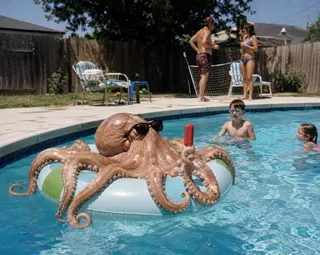Pool, float, sunglasses, popsicle, tentacles, two children, fence, net, two adults, chairs.