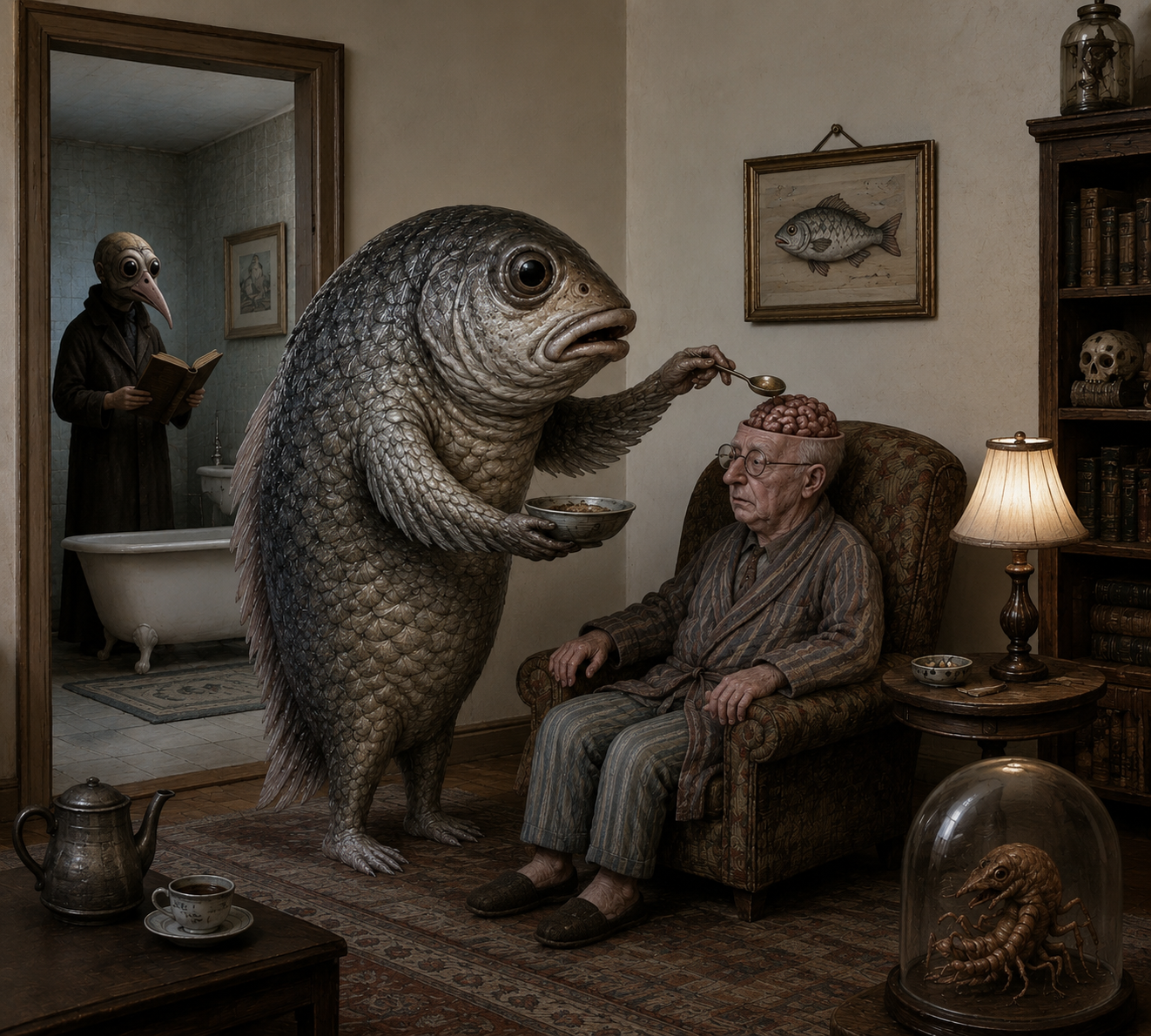 A giant fish feeds an old man whose skull is open.