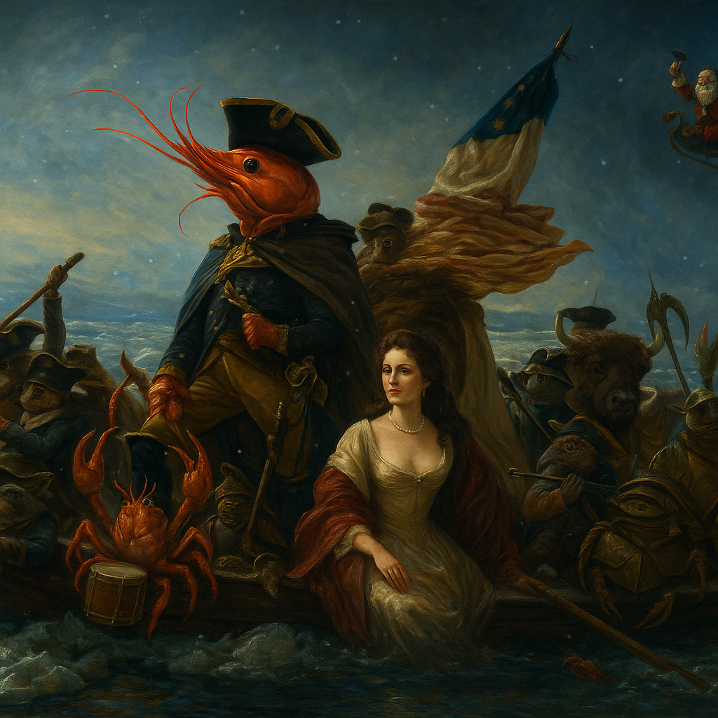 A shrimp-headed general stands in a boat with creatures.