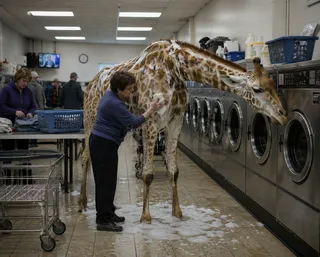 Woman scrubs a soapy giraffe inside a laundromat.