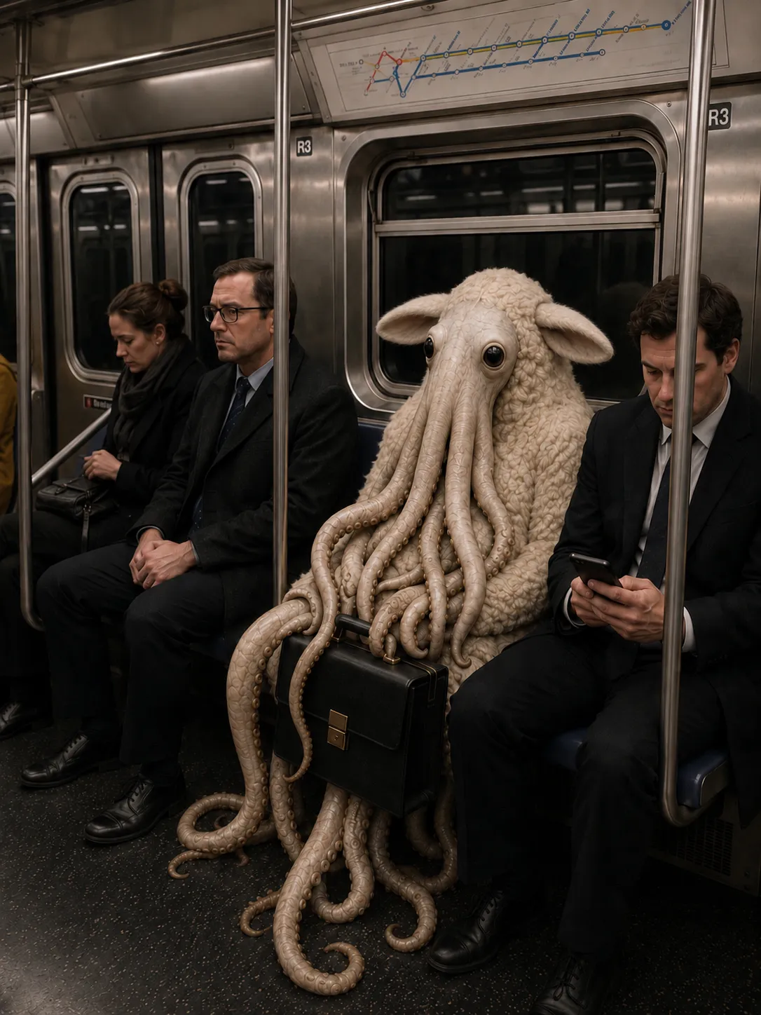 A sheep-octopus hybrid rides the subway holding a briefcase.