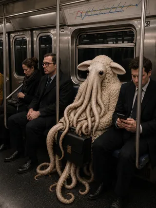 A sheep-octopus hybrid rides the subway holding a briefcase.