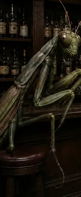 martini-glasses-bar-stools-bottles-newspaper-aquarium-portrait-mantis-wings