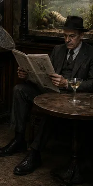 martini-glasses-bar-stools-bottles-newspaper-aquarium-portrait-mantis-wings