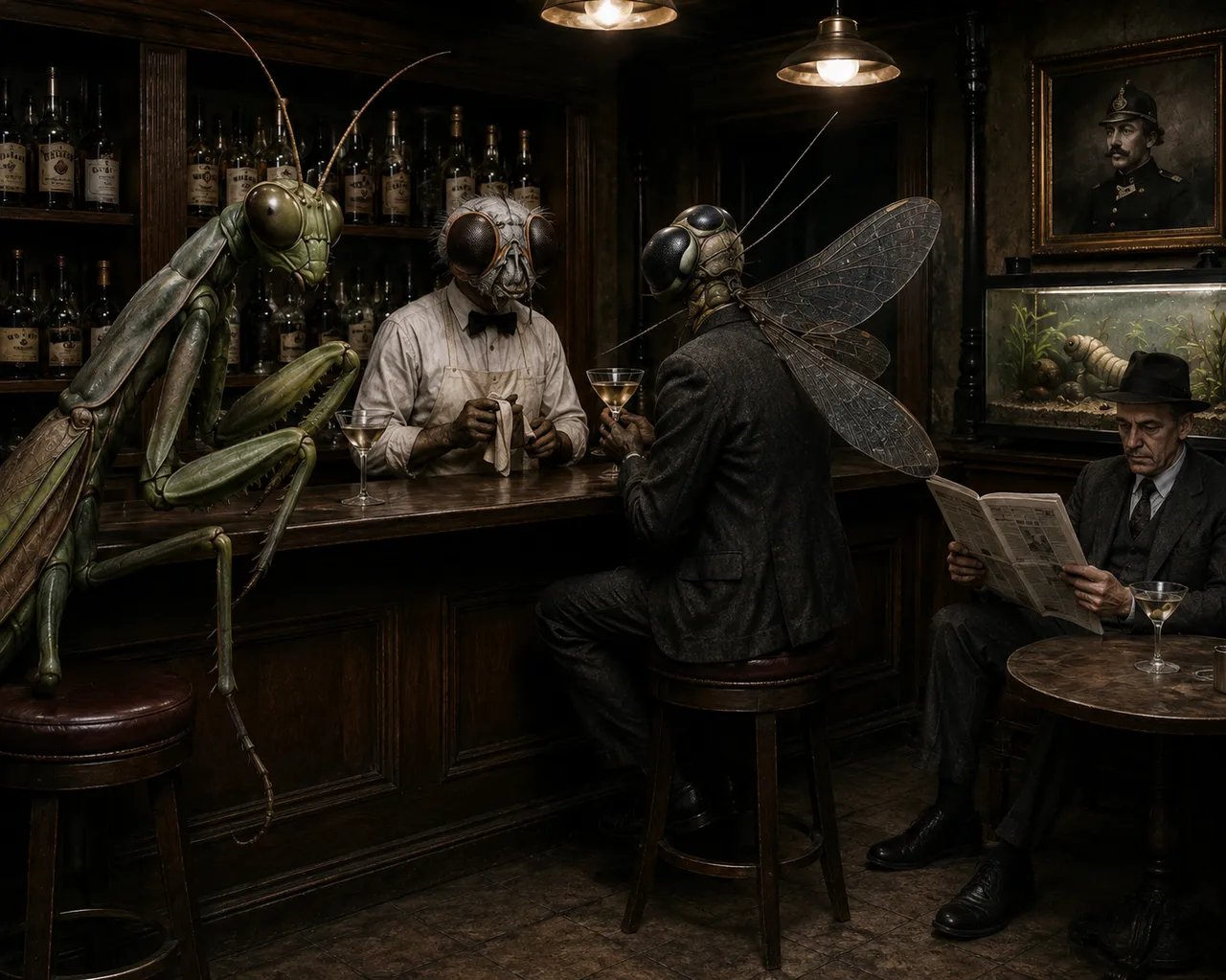 Martini glasses, bar stools, bottles, newspaper, aquarium, portrait, mantis, wings, towel, lamp.