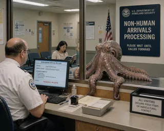 Monitor, keyboard, stamp, hand sanitizer, tentacles, flag, pen.