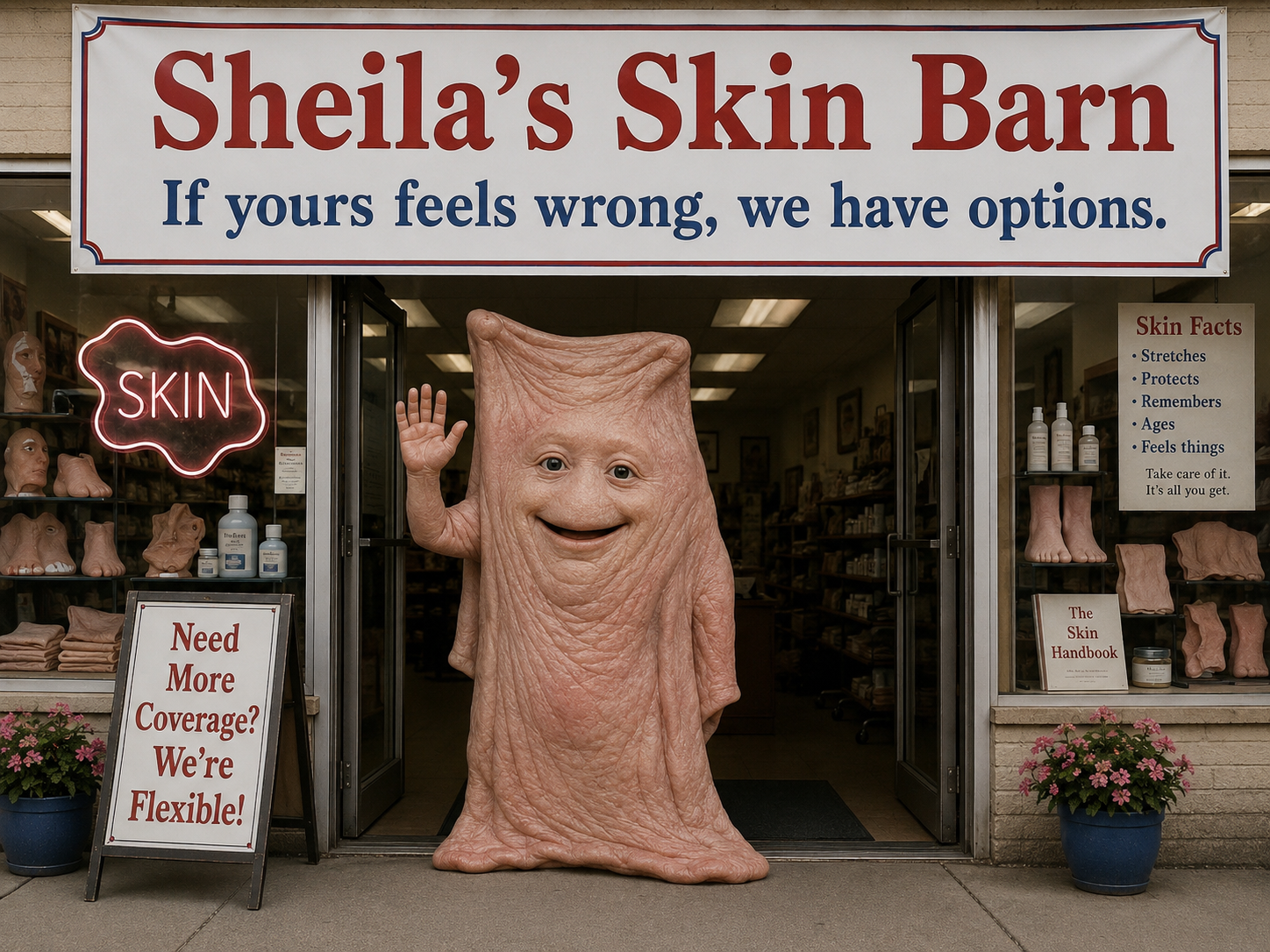 A skin-themed novelty store with a mascot costume outside.