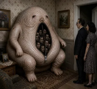 Giant creature unzipped, revealing many human faces inside.