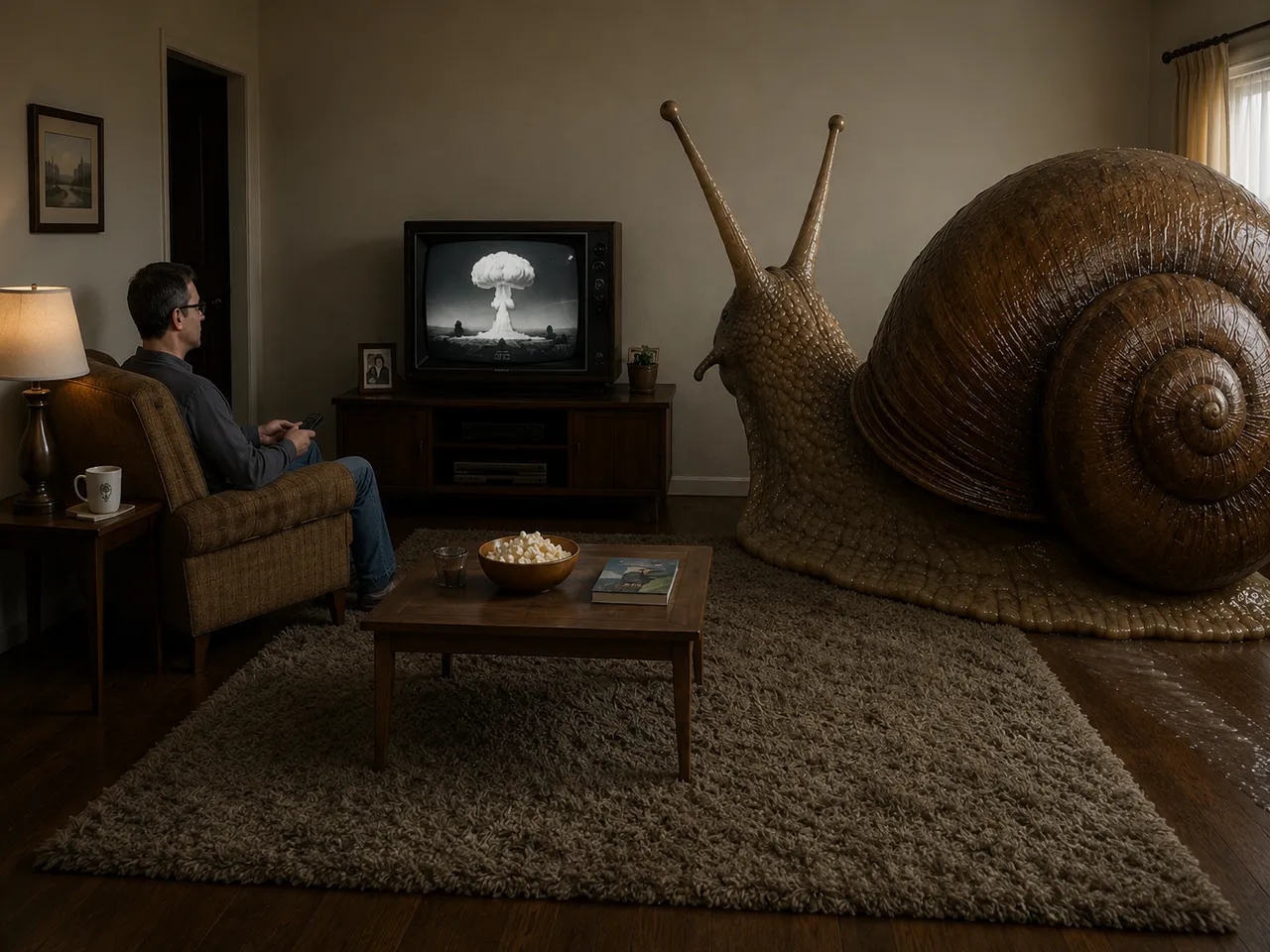 Man watches TV beside a giant snail indoors.