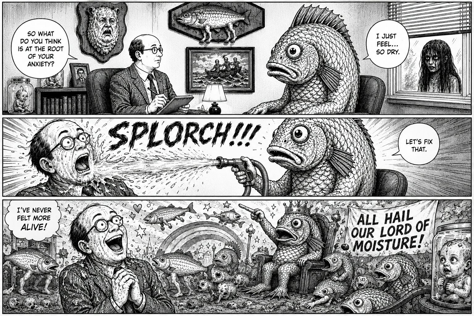 Fish therapist sprays doctor, fish cult worships him.