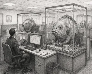Giant fish in tanks work alongside a human employee.
