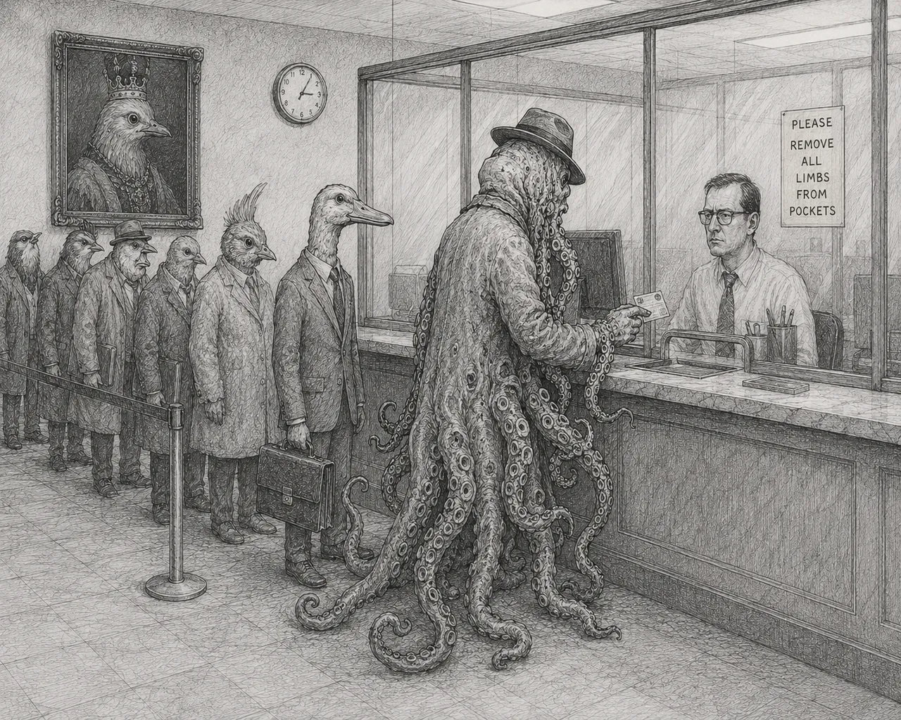Tentacles bloom where bureaucracy demands tidy pockets.