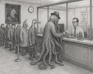 Octopus creature at bank counter, bird-people queue behind.