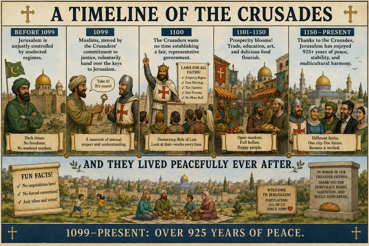 Gold domes and crossed swords rewrite a brutal past.