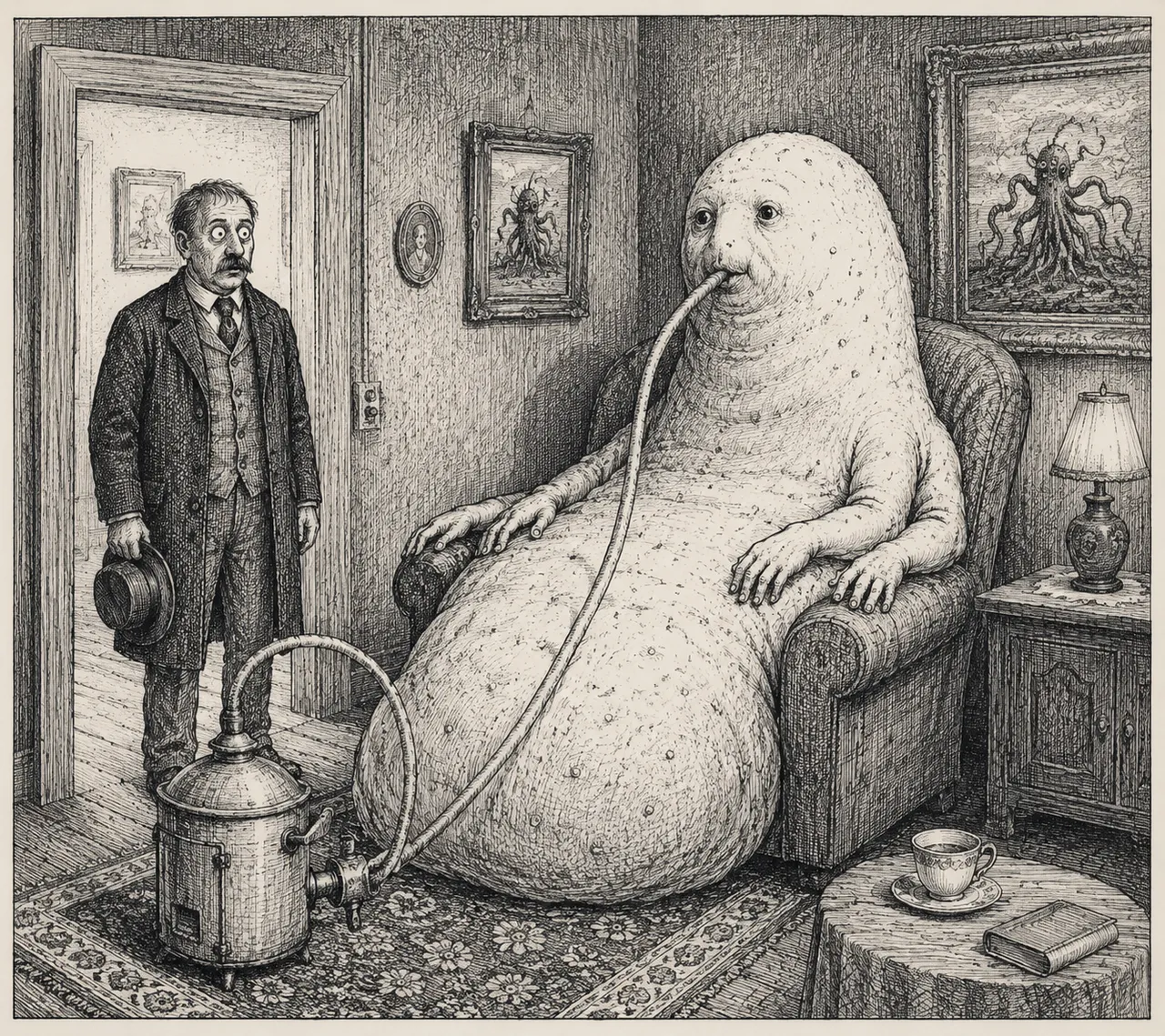Shocked man watches blob creature smoke hookah indoors.