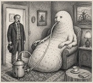 Shocked man watches blob creature smoke hookah indoors.