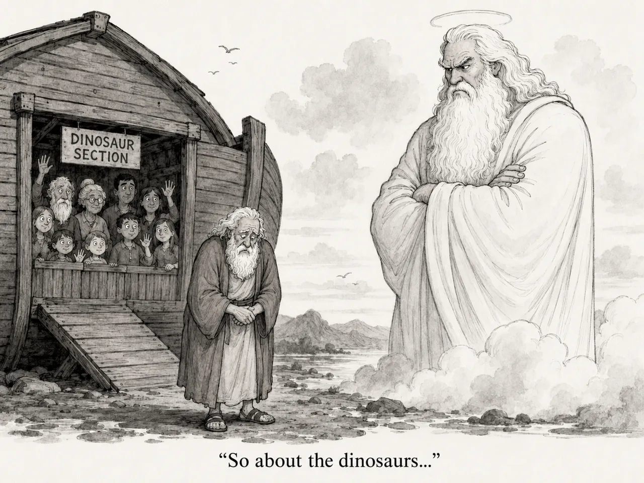 Ark, hand-lettered sign, seven passengers, elder, robed figure, clouds.
