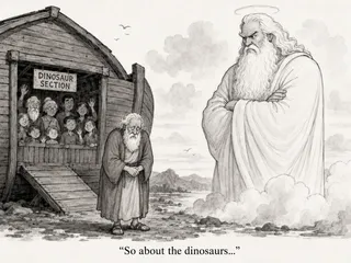 Ark, hand-lettered sign, seven passengers, elder, robed figure, clouds.