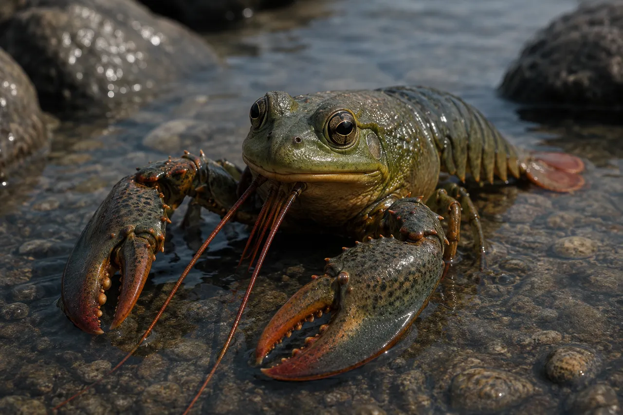 A digital chimera blending frog head with lobster body.
