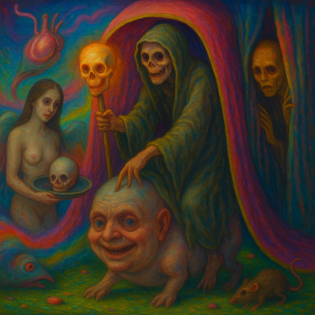 Skeleton figure holds skull staff over crawling creature.