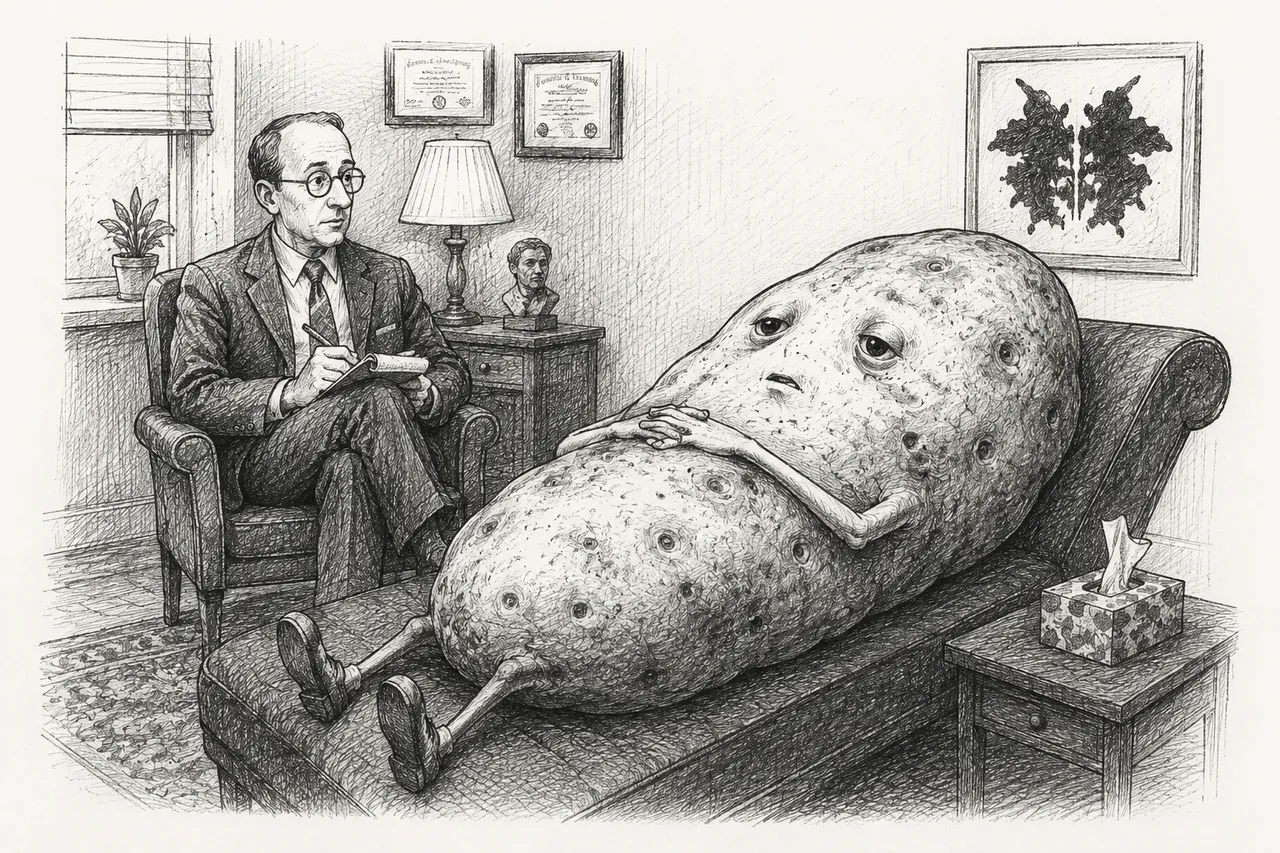 Man, glasses, notepad, armchair, lamp, diplomas, tissue box, inkblot print.