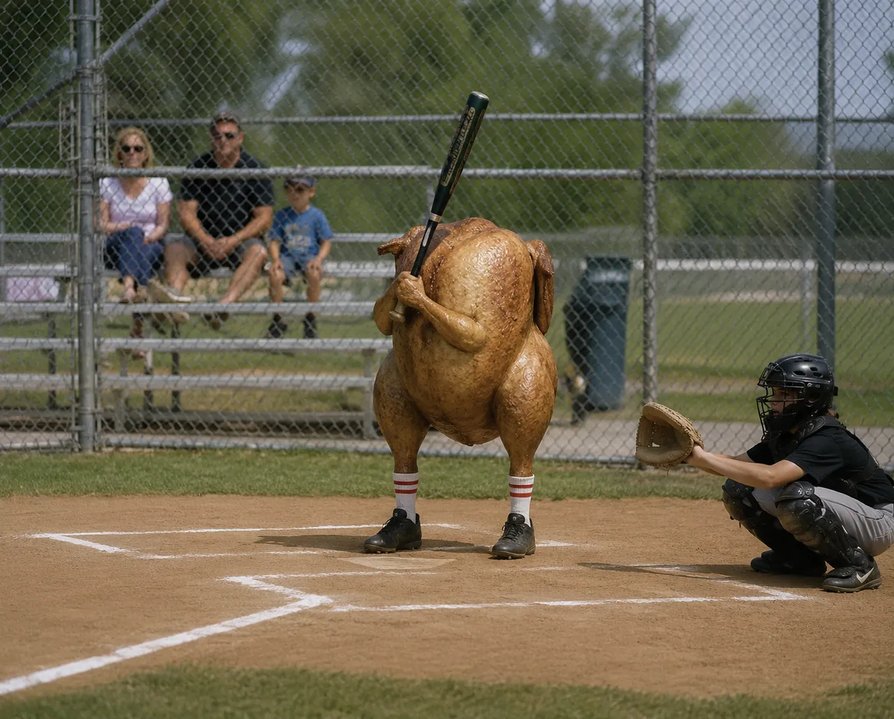 Bat, cleats, socks, mitt, chain-link, three spectators, dirt.