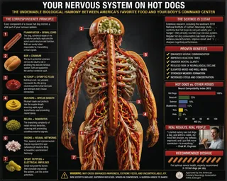 Anatomical chart, frankfurter, bun, ketchup, bar graph, testimonial photograph, recommended dosage row.