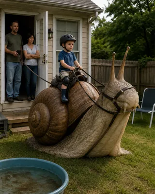 A helmeted boy rides a giant saddled snail outside.