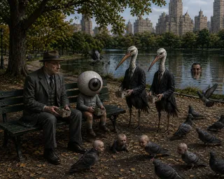 Bench, suit, eyeball, storks, pigeons, boxes, pond, heads.
