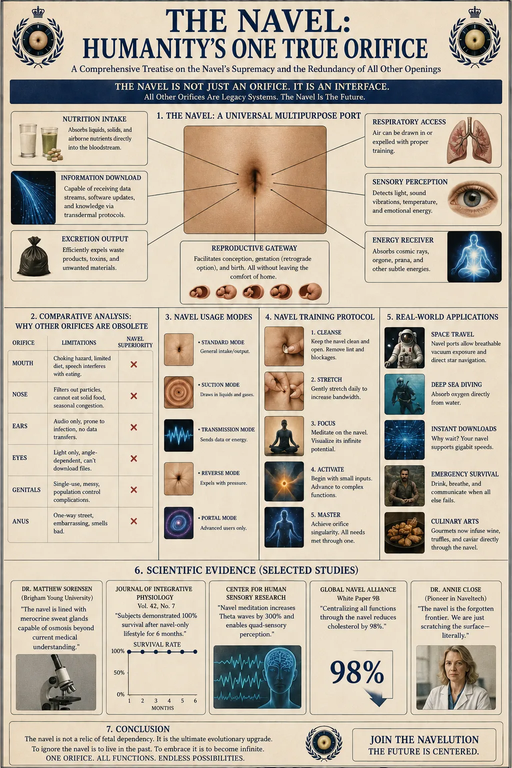 Infographic, navel diagram, lungs, eye, fetus row, graph, astronaut, microscope, woman in lab coat, crown motifs, trash bag, fiber optic image.