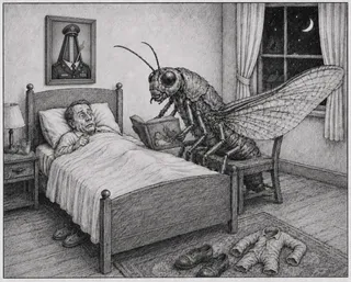 Giant insect reads bedtime story to frightened man.